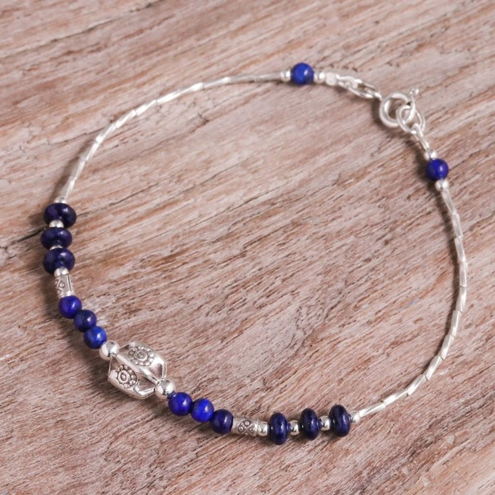 Lapis Lazuli and Silver Beaded Bracelet with Hexagon Pendant 'Blue Hexagon'