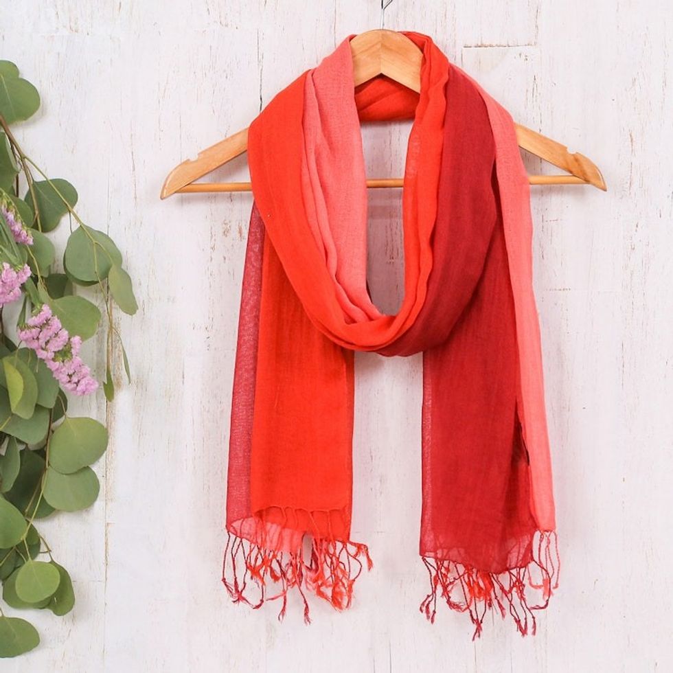 Ombre Cotton Shawl in Red and Orange from Thailand 'Beautiful Sunset'