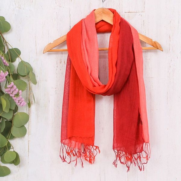 Alternate image for Ombre Cotton Shawl in Red and Orange from Thailand Beautiful Sunset