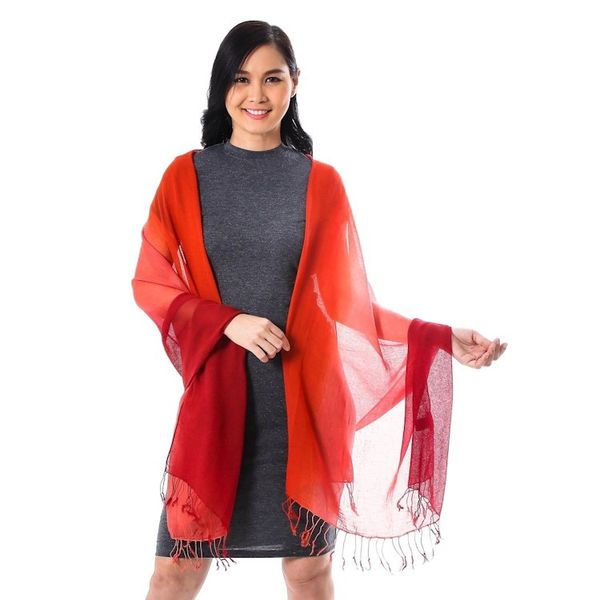 Alternate image for Ombre Cotton Shawl in Red and Orange from Thailand Beautiful Sunset