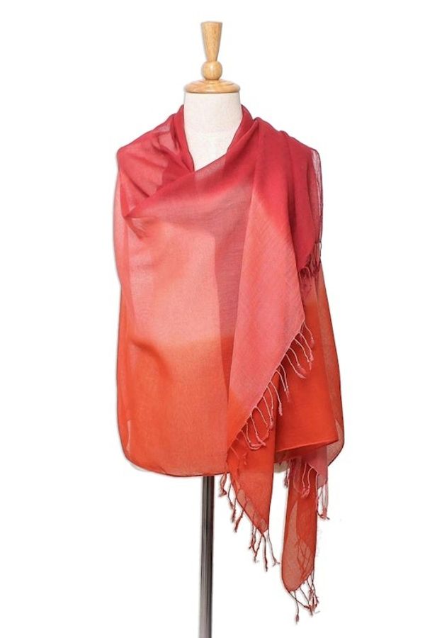 Alternate image for Ombre Cotton Shawl in Red and Orange from Thailand Beautiful Sunset