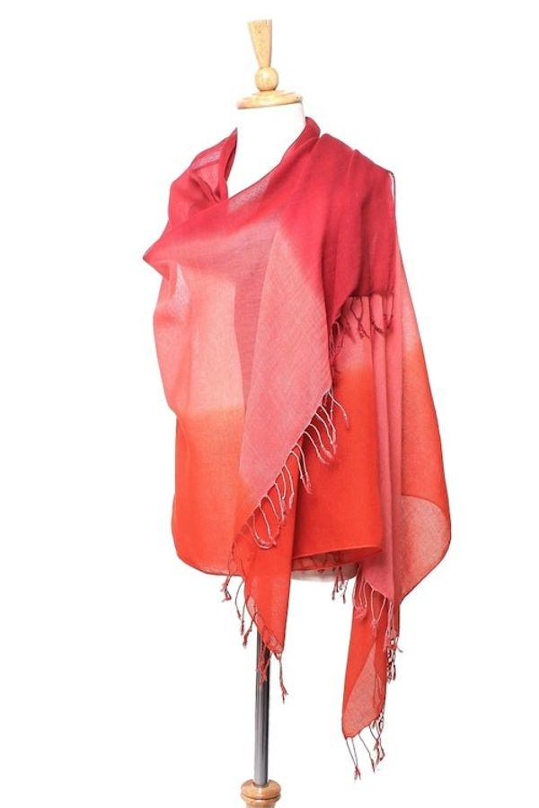 Alternate image for Ombre Cotton Shawl in Red and Orange from Thailand Beautiful Sunset