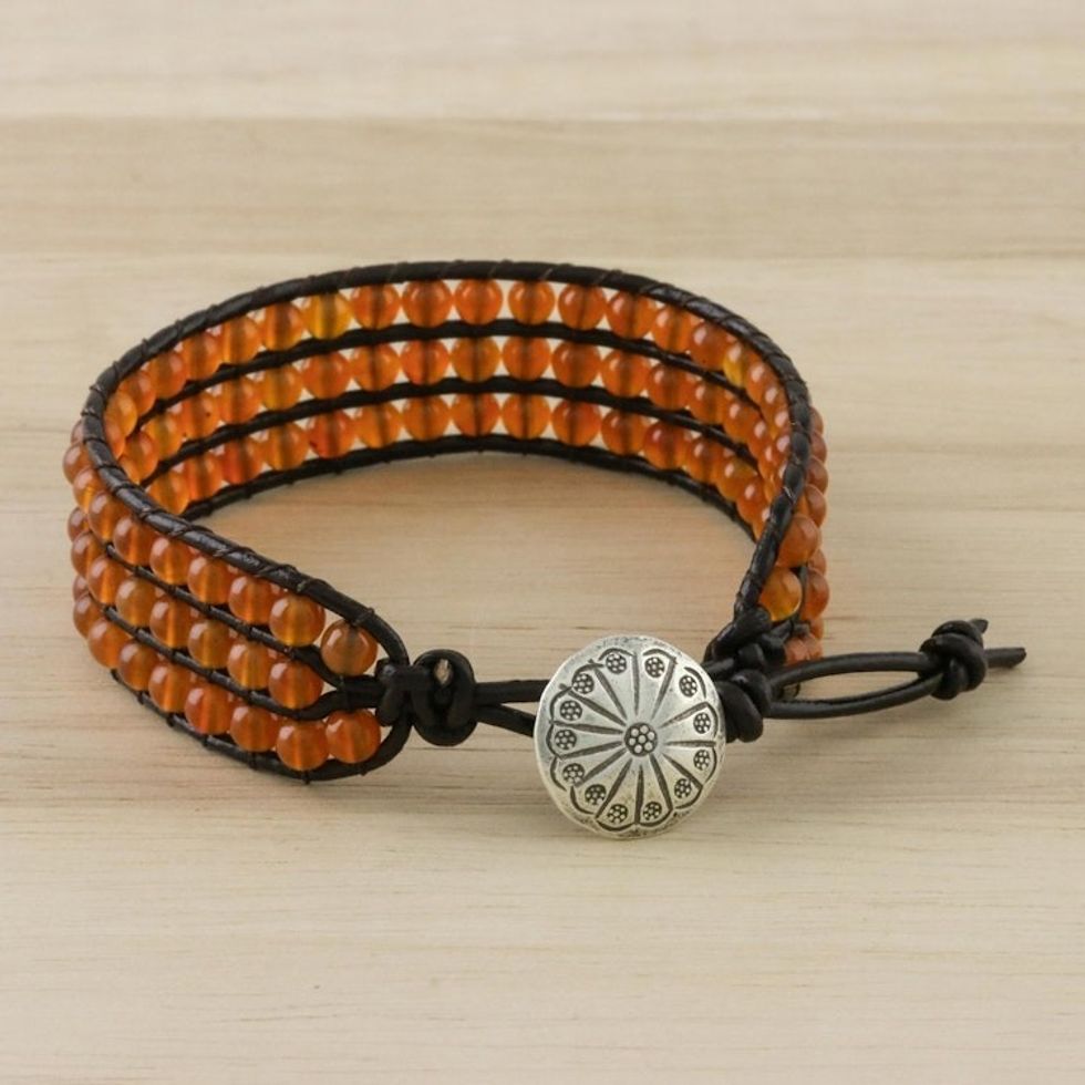 Carnelian Bead and Karen Silver Button Wristband Bracelet 'Apricots'