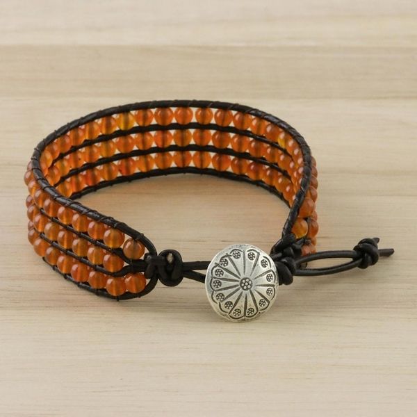 Alternate image for Carnelian Bead and Karen Silver Button Wristband Bracelet Apricots