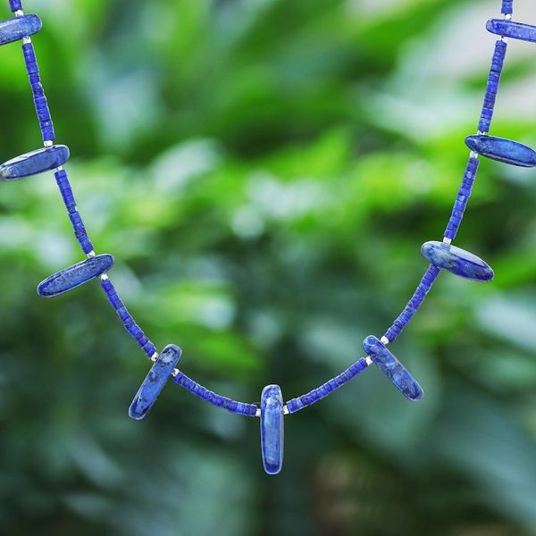 Alternate image for Lapis Lazuli and Karen Hill Tribe Silver Beaded Necklace True Blue at Midnight