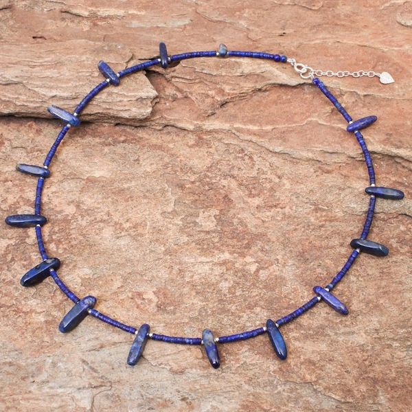Alternate image for Lapis Lazuli and Karen Hill Tribe Silver Beaded Necklace True Blue at Midnight