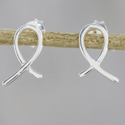 Alternate image for Ribbon-Shaped Sterling Silver Drop Earrings from Thailand Gleaming Ribbon