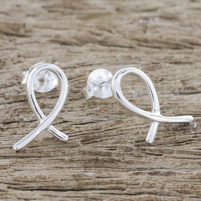 Alternate image for Ribbon-Shaped Sterling Silver Drop Earrings from Thailand Gleaming Ribbon