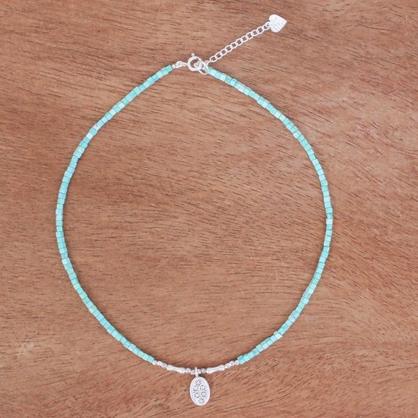 Alternate image for Amazonite and Sterling Silver Pendant Necklace Pale Flower