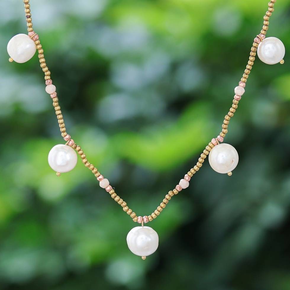 Cultured Pearl Beaded Station Necklace from Thailand 'Fresh Blossoms'