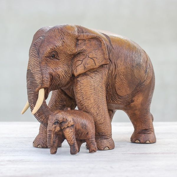 Alternate image for Thai Teak Wood Elephant Sculpture Father and Son