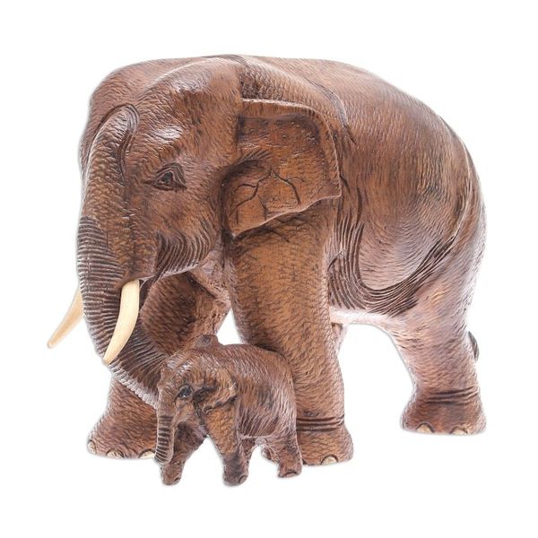 Alternate image for Thai Teak Wood Elephant Sculpture Father and Son