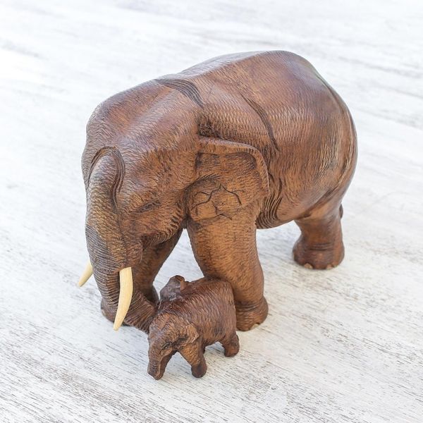 Alternate image for Thai Teak Wood Elephant Sculpture Father and Son