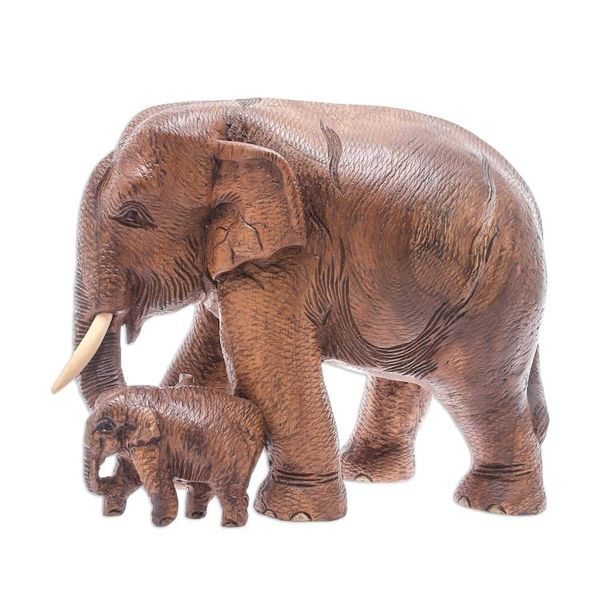 Alternate image for Thai Teak Wood Elephant Sculpture Father and Son