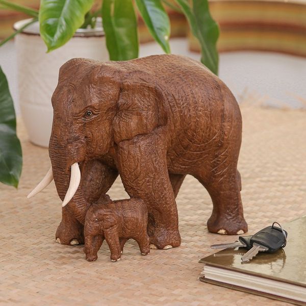 Alternate image for Thai Teak Wood Elephant Sculpture Father and Son