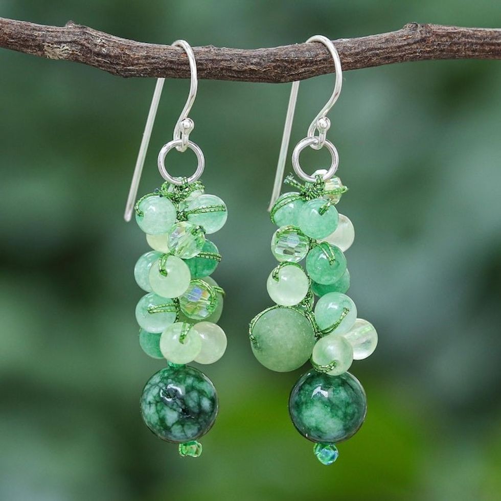 Green Quartz and Glass Bead Dangle Earrings 'Bubble Tea in Green'