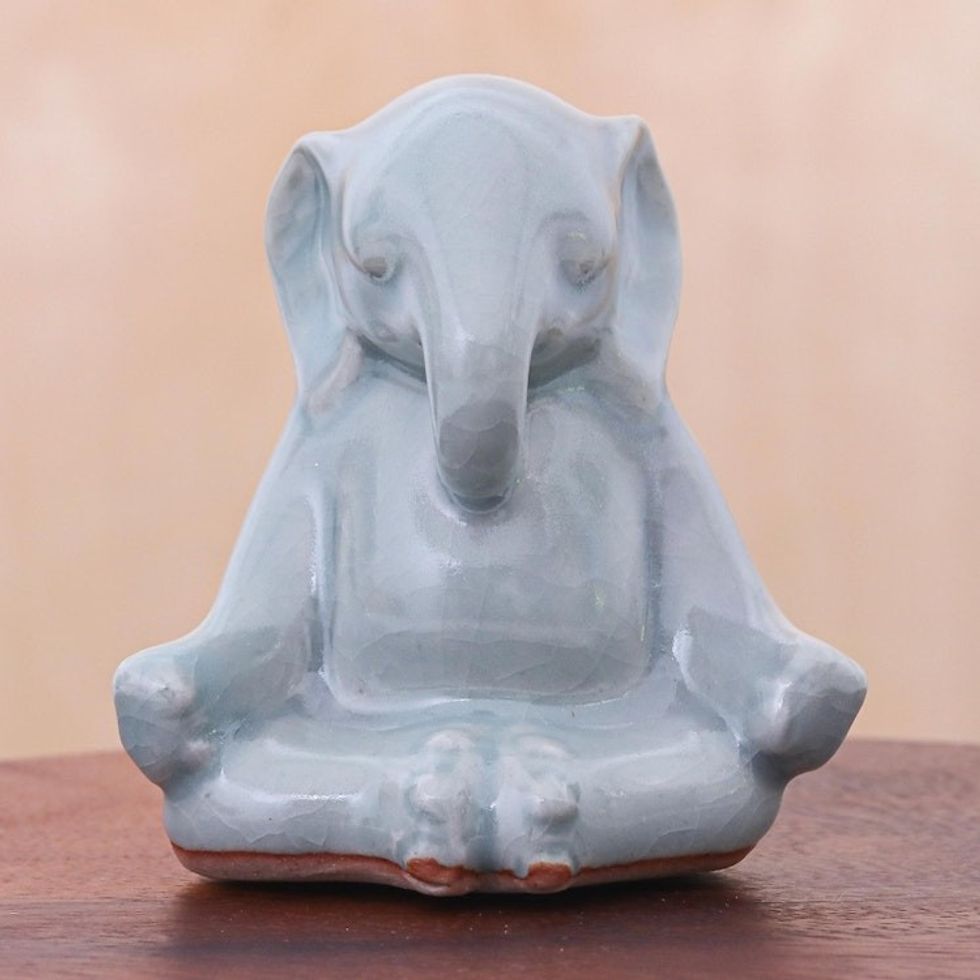 Artisan Made Ceramic Elephant Yoga-Themed Figurine 'Elephant Yoga'
