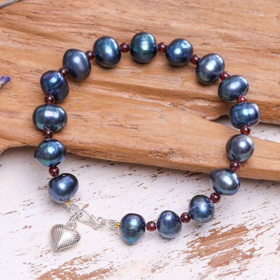 Black Cultured Pearl and Garnet Hill Tribe Starfish Bracelet 'Dark Starfish Love'