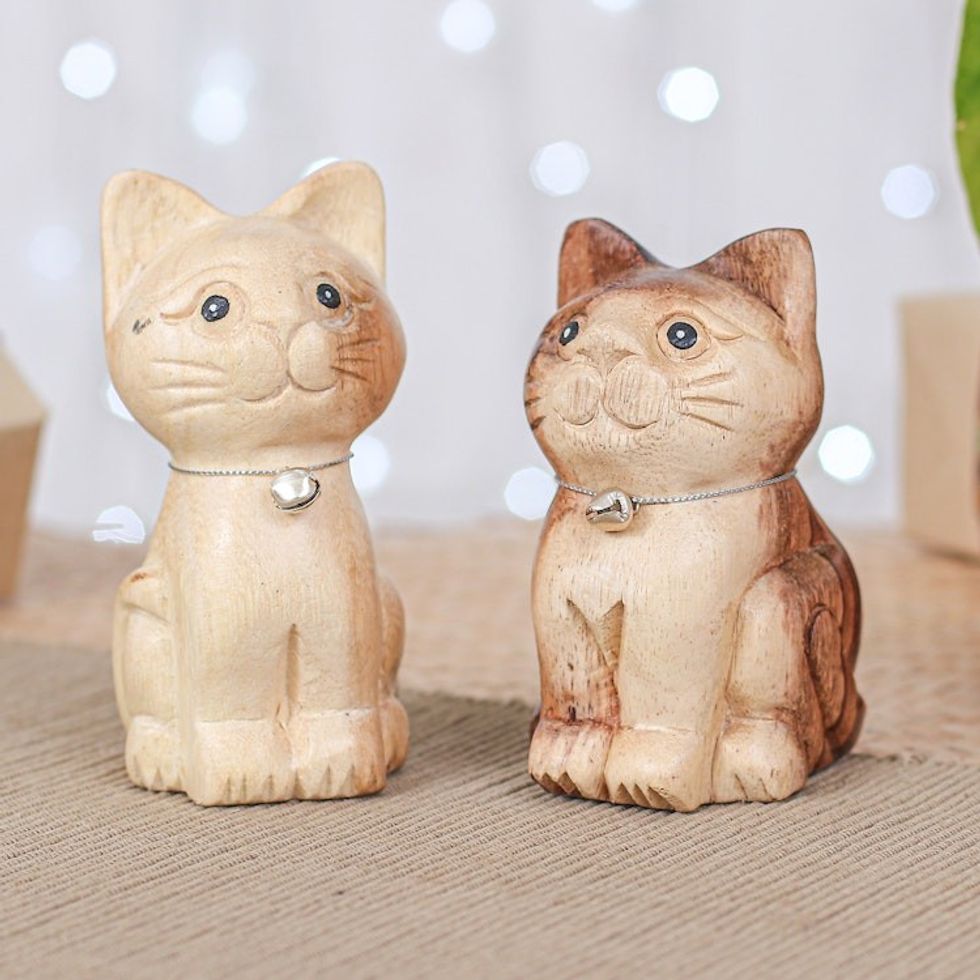 Set of 2 Feline Raintree Wood Figurines with Aluminum Bells 'Harmonious Meows'