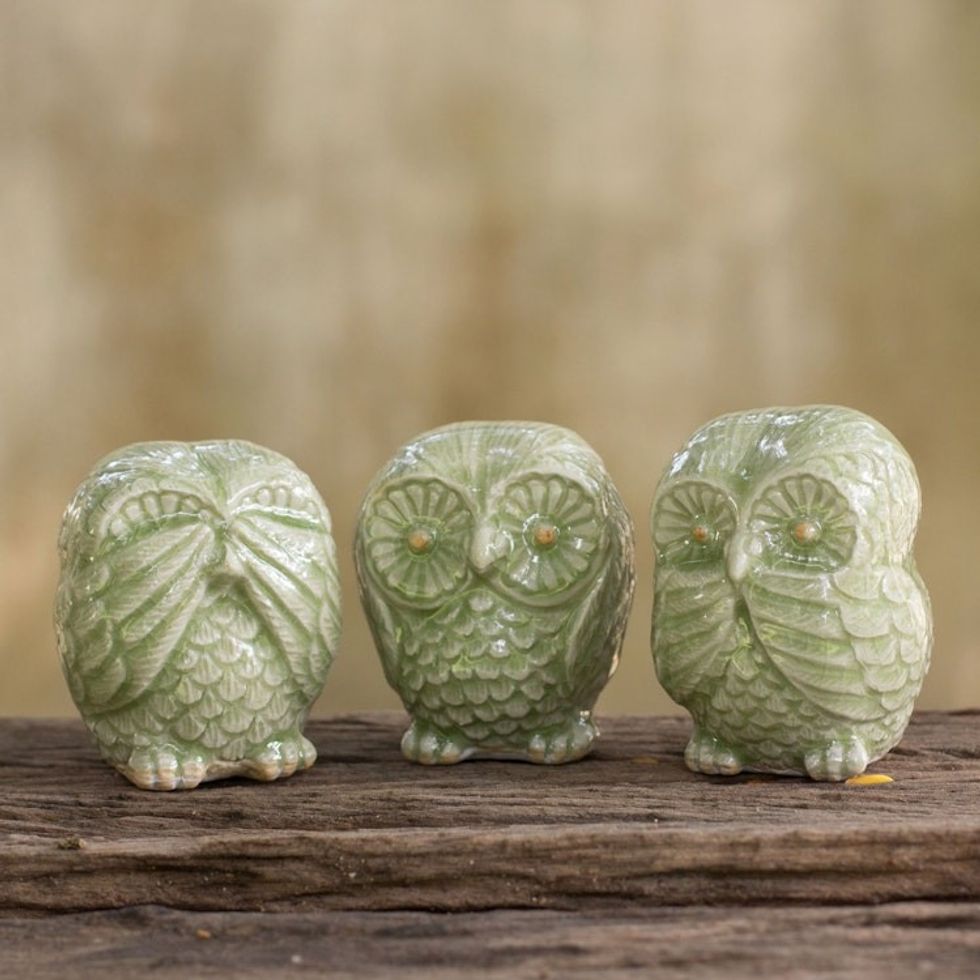 Fair Trade Green Celadon Ceramic Owl Statuettes set of 3 'Green Owl Trio'