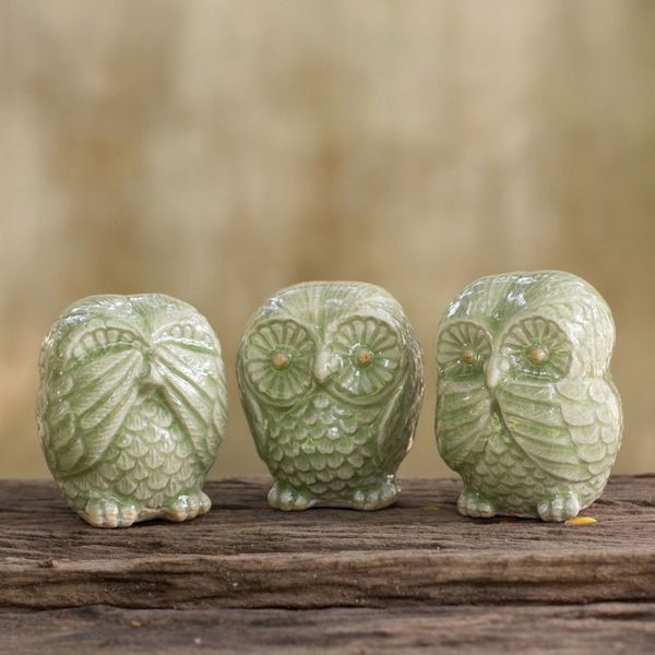 Alternate image for Fair Trade Green Celadon Ceramic Owl Statuettes set of 3 Green Owl Trio