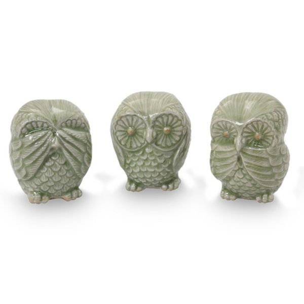 Alternate image for Fair Trade Green Celadon Ceramic Owl Statuettes set of 3 Green Owl Trio