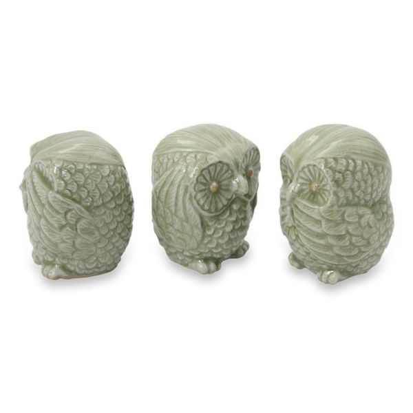 Alternate image for Fair Trade Green Celadon Ceramic Owl Statuettes set of 3 Green Owl Trio