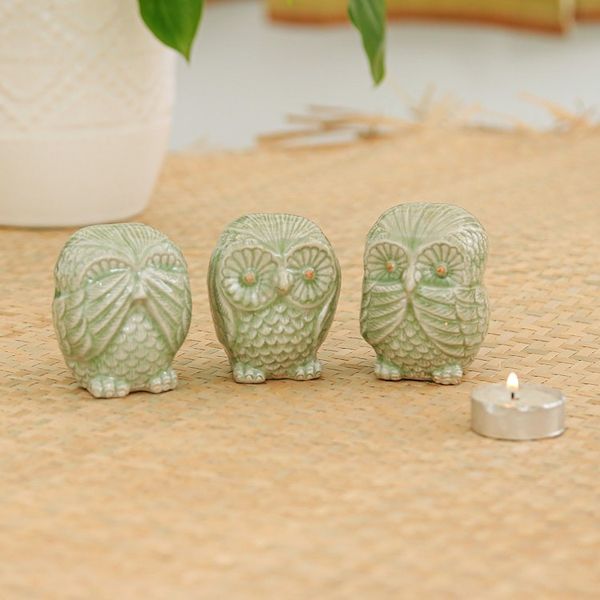 Alternate image for Fair Trade Green Celadon Ceramic Owl Statuettes set of 3 Green Owl Trio