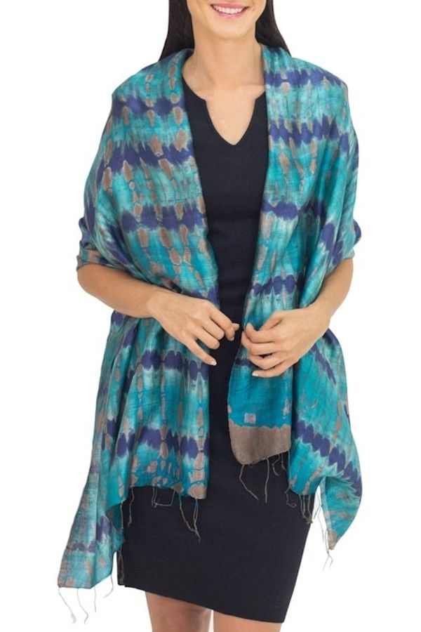 Alternate image for Thai Artisan Crafted Teal and Blue Tie Dyed Silk Shawl Teal Reflecting Pools
