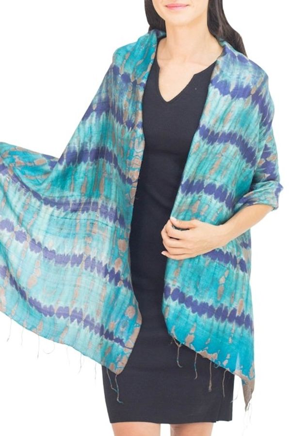 Alternate image for Thai Artisan Crafted Teal and Blue Tie Dyed Silk Shawl Teal Reflecting Pools