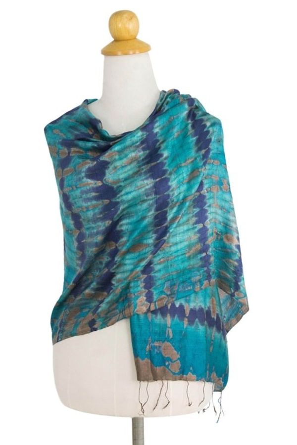 Alternate image for Thai Artisan Crafted Teal and Blue Tie Dyed Silk Shawl Teal Reflecting Pools
