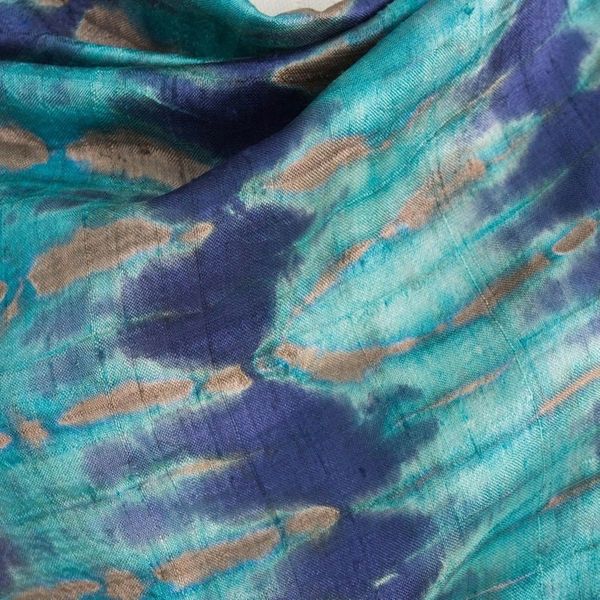 Alternate image for Thai Artisan Crafted Teal and Blue Tie Dyed Silk Shawl Teal Reflecting Pools