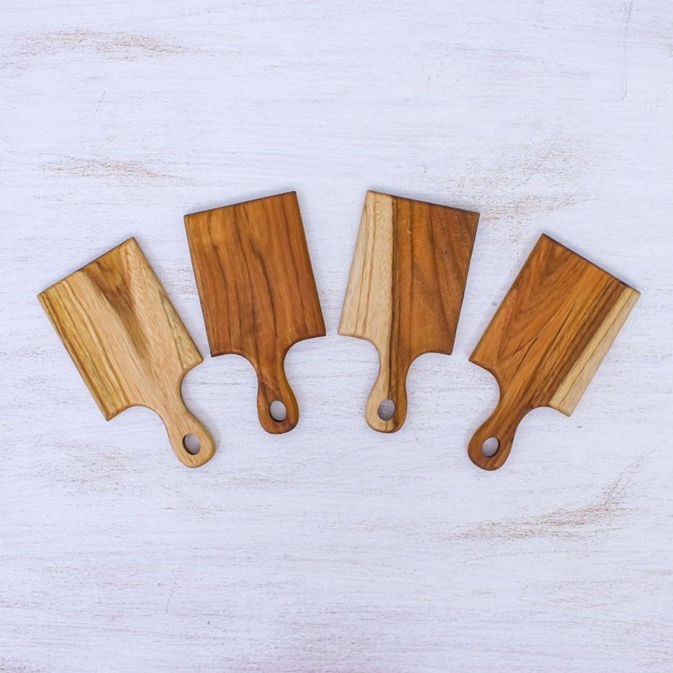 Unique Teak Wood Mini Cutting and Serving Boards Set of 4 'Kitchen Fun'