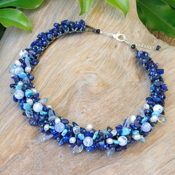 Alternate image for Handcrafted Multi-Gemstone Blue Beaded Necklace Blue Paradise