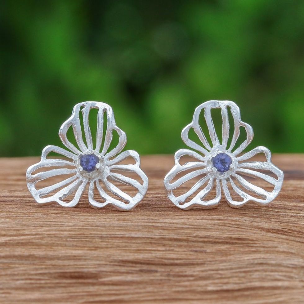 Floral Openwork Sterling Silver Iolite Button Earrings 'Admiration Bloom'