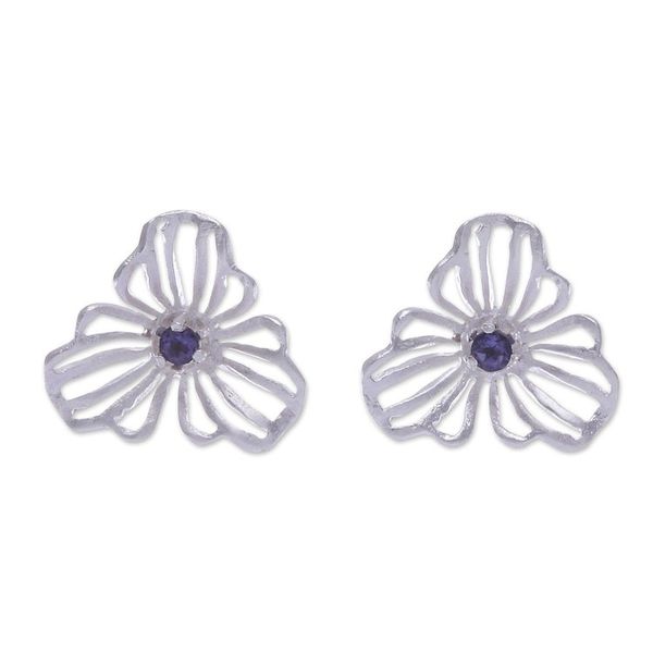 Alternate image for Floral Openwork Sterling Silver Iolite Button Earrings Admiration Bloom