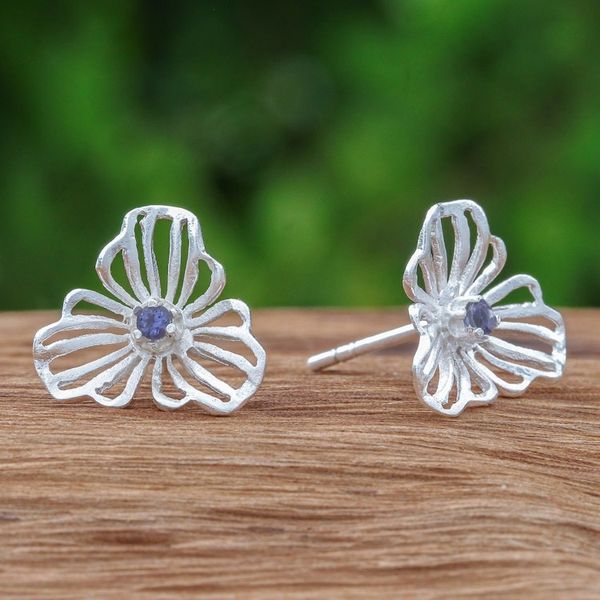 Alternate image for Floral Openwork Sterling Silver Iolite Button Earrings Admiration Bloom