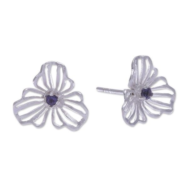 Alternate image for Floral Openwork Sterling Silver Iolite Button Earrings Admiration Bloom