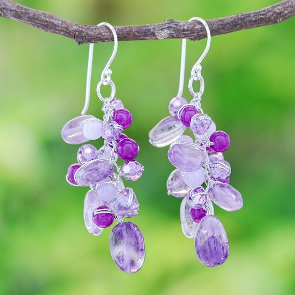 Alternate image for Amethyst and Quartz Beaded Dangle Earrings Grape Picking
