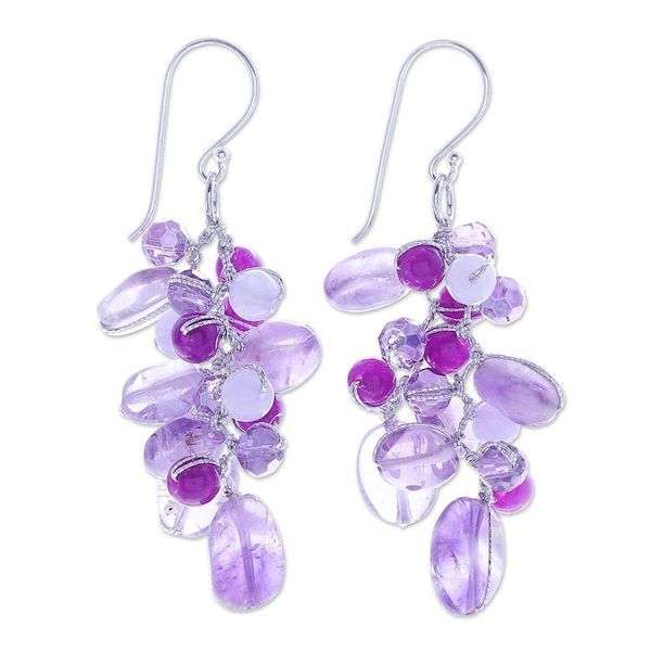 Alternate image for Amethyst and Quartz Beaded Dangle Earrings Grape Picking
