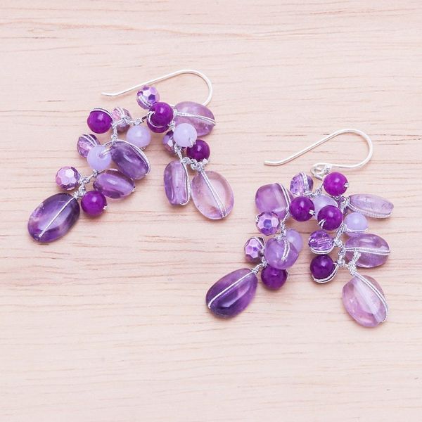 Alternate image for Amethyst and Quartz Beaded Dangle Earrings Grape Picking