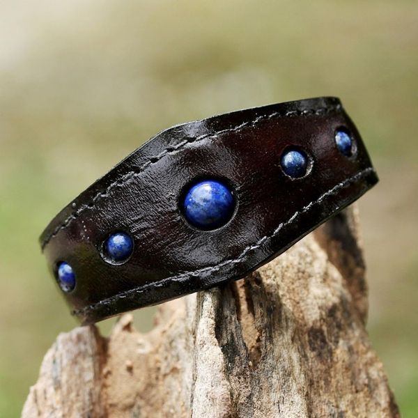 Alternate image for Lapis Lazuli Cuff Bracelet in Leather Handmade in Thailand Power Blue