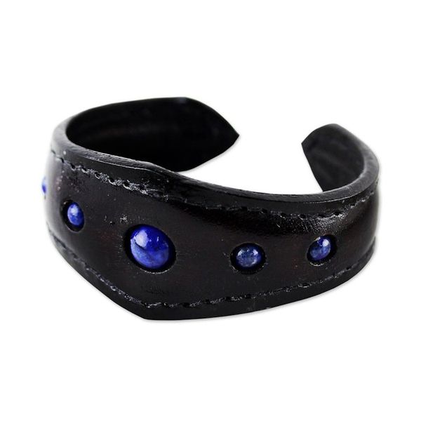 Alternate image for Lapis Lazuli Cuff Bracelet in Leather Handmade in Thailand Power Blue