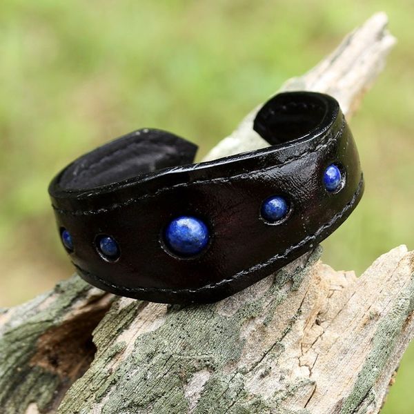 Alternate image for Lapis Lazuli Cuff Bracelet in Leather Handmade in Thailand Power Blue