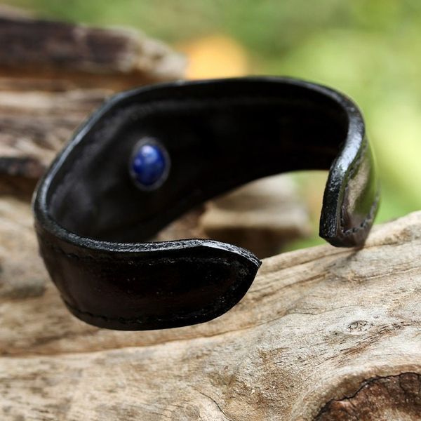 Alternate image for Lapis Lazuli Cuff Bracelet in Leather Handmade in Thailand Power Blue