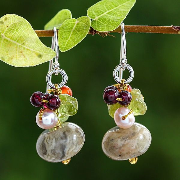 Alternate image for Thai Jasper and Cultured Pearl Dangle Earrings Exotic Cluster