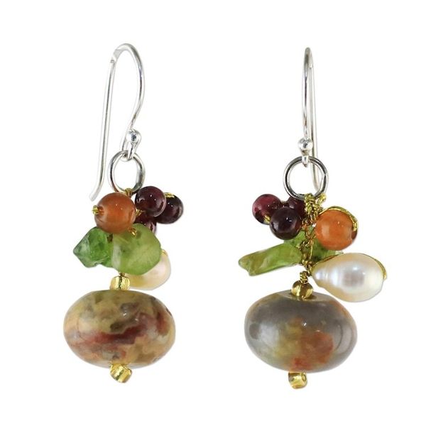 Alternate image for Thai Jasper and Cultured Pearl Dangle Earrings Exotic Cluster