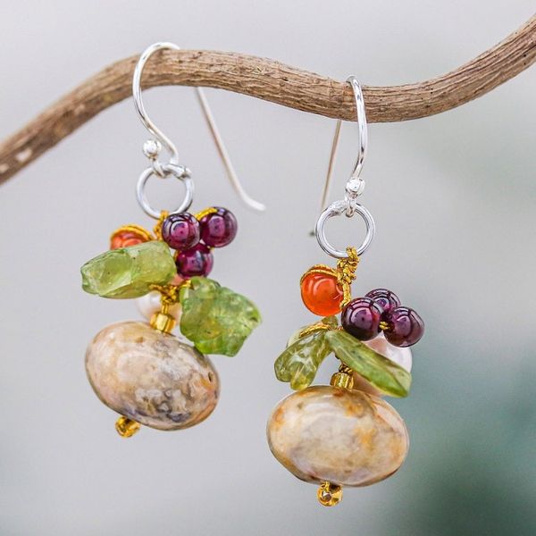 Alternate image for Thai Jasper and Cultured Pearl Dangle Earrings Exotic Cluster