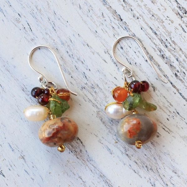 Alternate image for Thai Jasper and Cultured Pearl Dangle Earrings Exotic Cluster