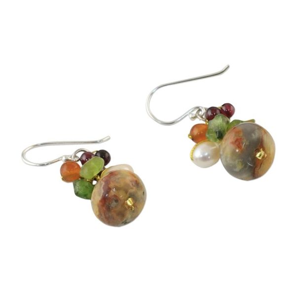 Alternate image for Thai Jasper and Cultured Pearl Dangle Earrings Exotic Cluster